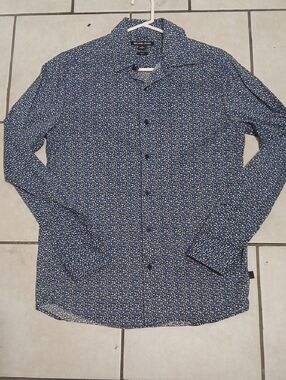 Michael Kors Mens Size S Navy & White Micro-Print Long Sleeve Dress Shirt